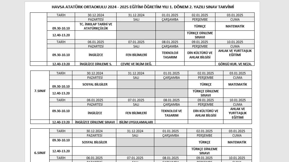 1. DÖNEM 2. YAZILI SINAV TAKVİMİ
